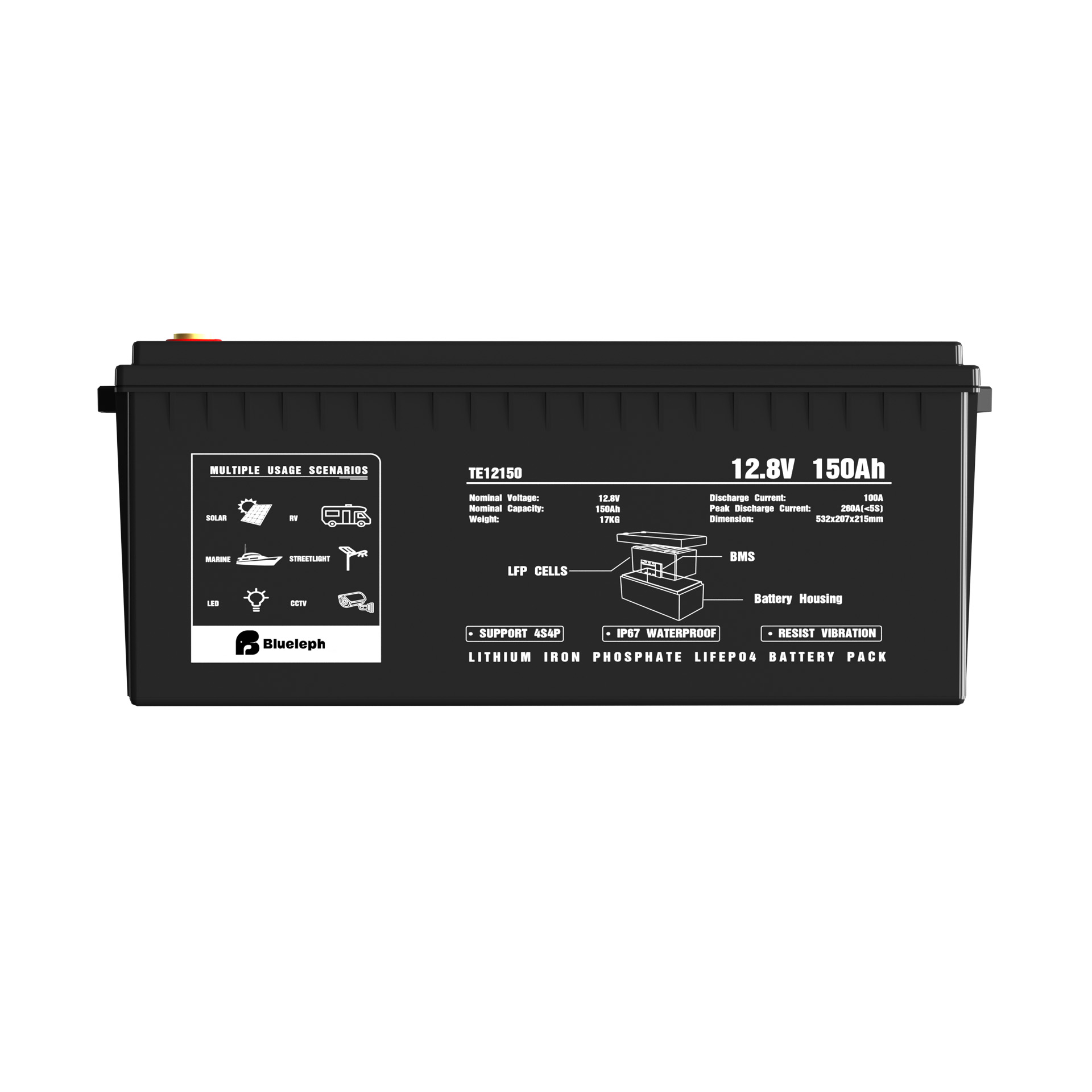 right side view of 12.8V 150Ah LiFePo4 battery pack