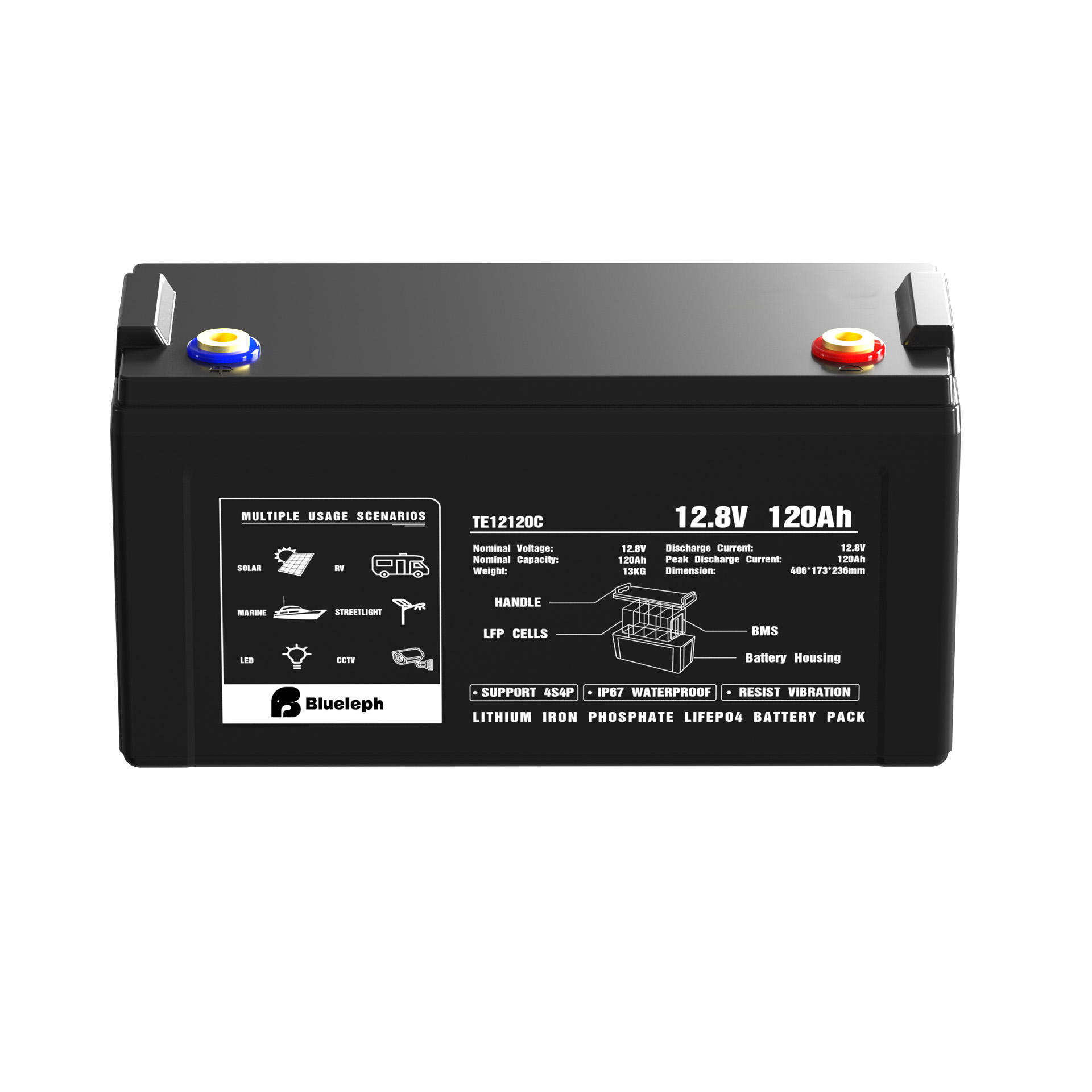 left side view of 12.8V 300Ah lithium ion phosphate LiFePo4 battery