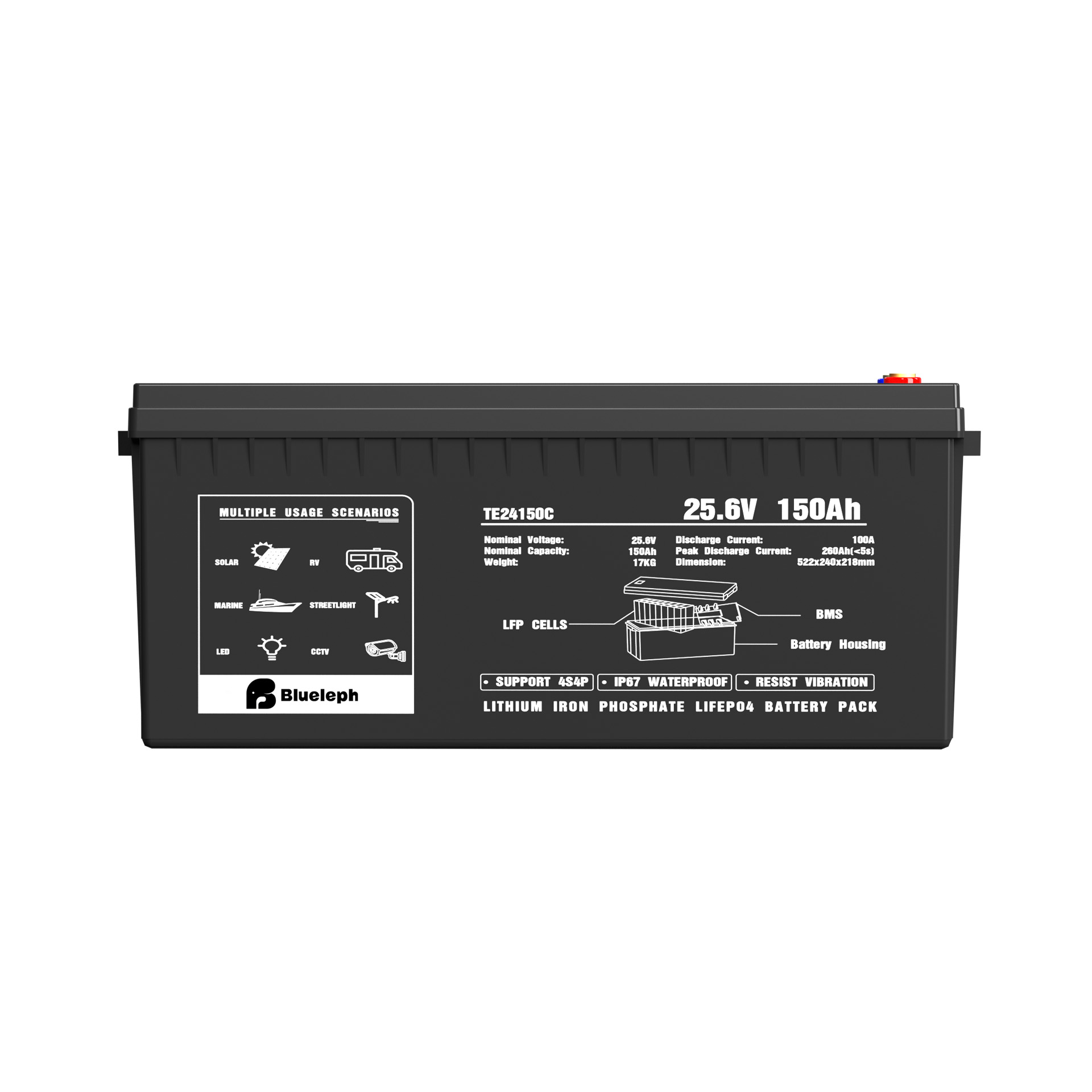 left side view of blueleph 25.6V 150Ah lithium ion phosphate LiFePo4 battery 01
