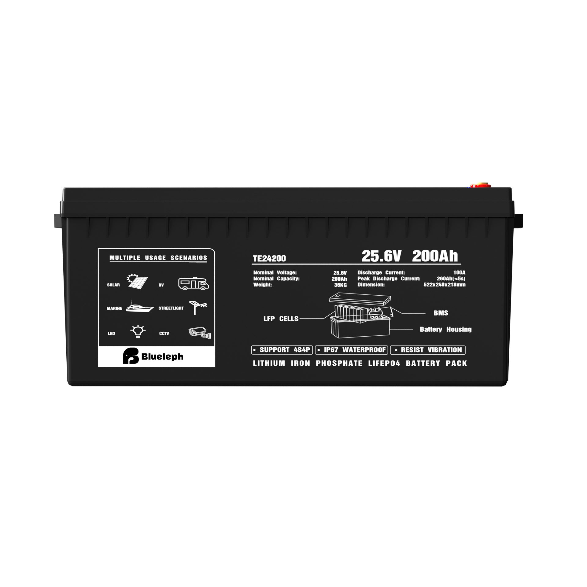 side view of 25.6V 200Ah lithium ion phosphate LiFePo4 battery