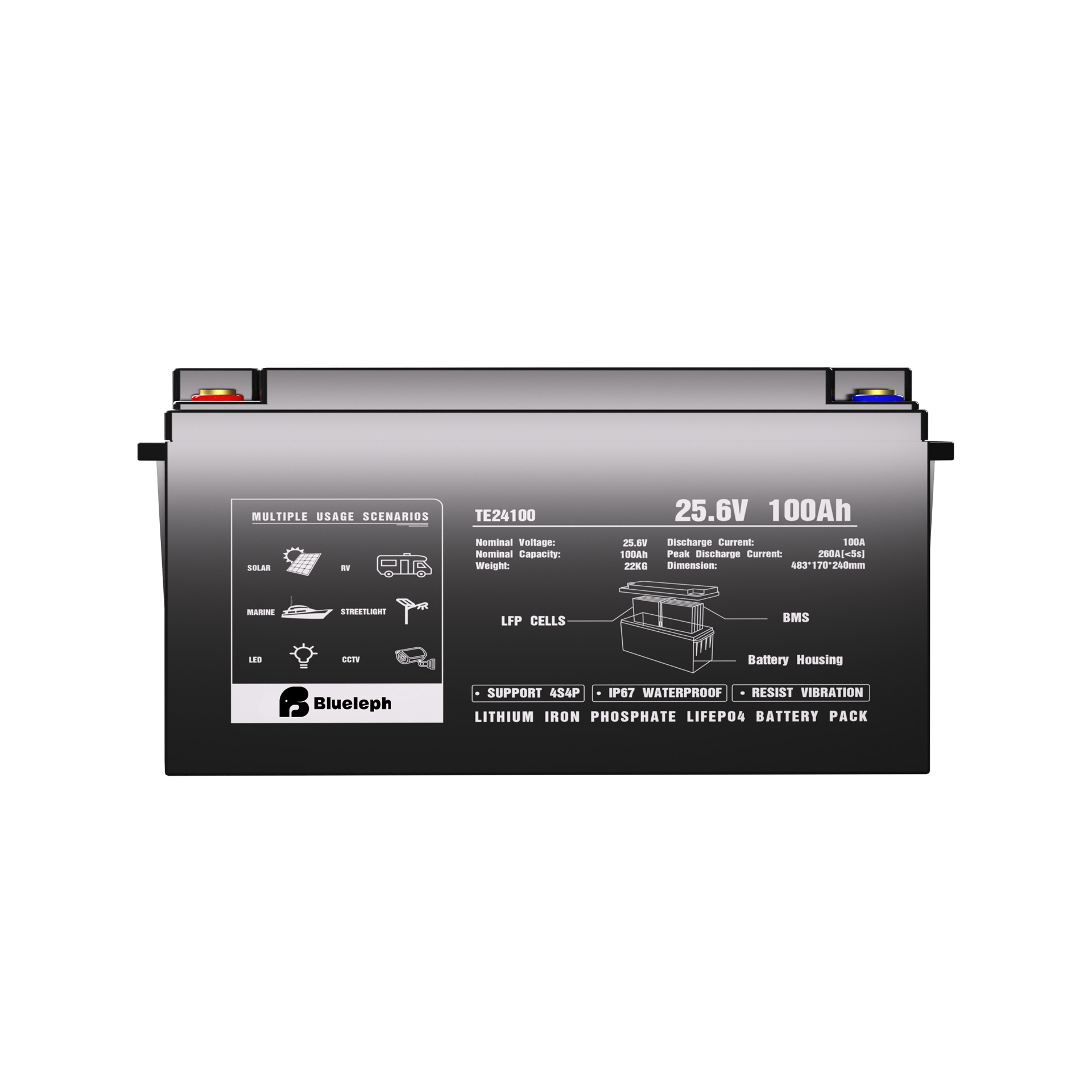 left side view of 25.6V 100Ah lithium ion phosphate LiFePo4 battery 01
