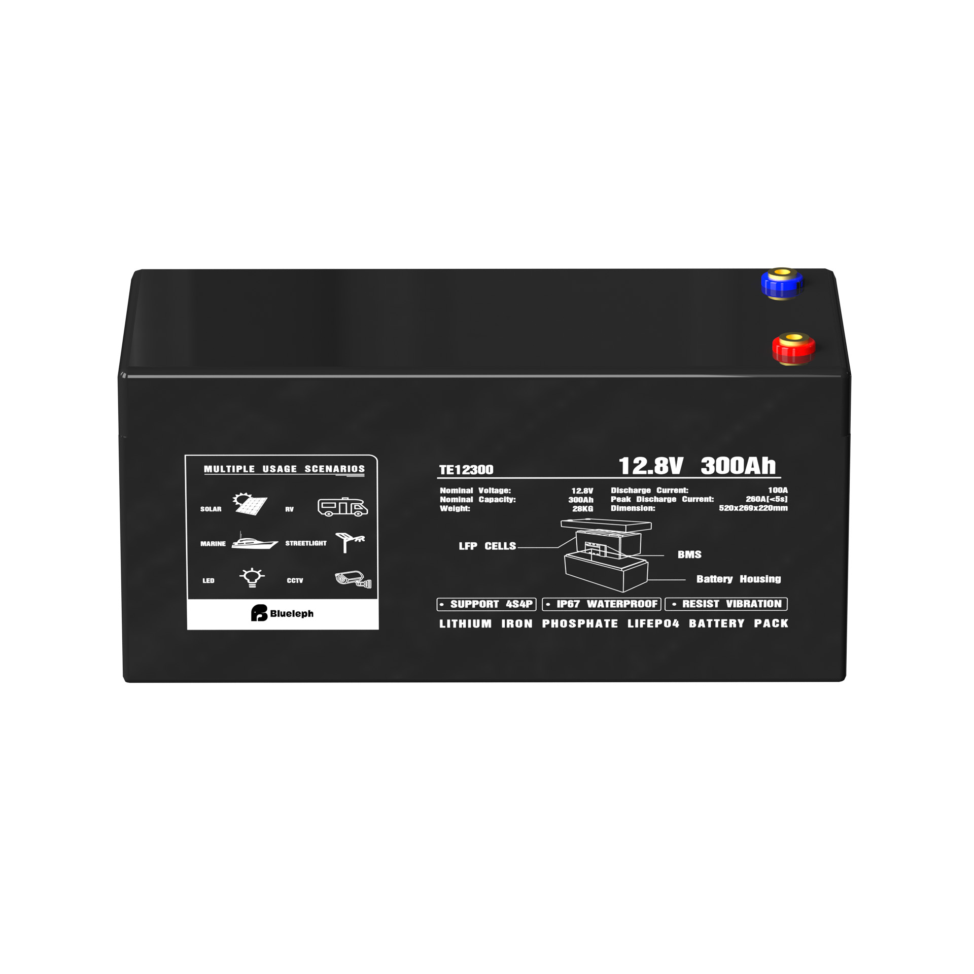 left top side view of 12.8V 100Ah lithium ion phosphate LiFePo4 battery 01